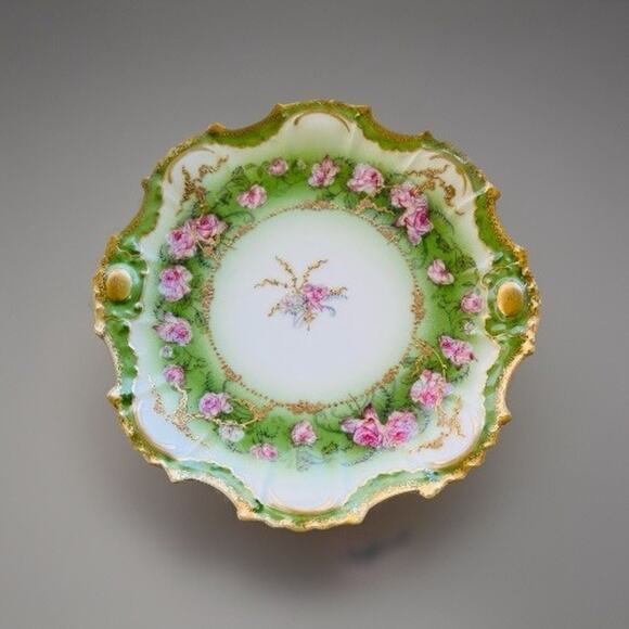 Lewis Straus LS&S Limoges Art Nouveau Roses w Gold 8” Plate France Green READ - Picture 1 of 10